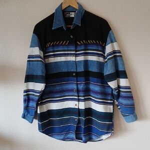 Vintage Kikomo Striped Southwestern Denim Button Up Shirt